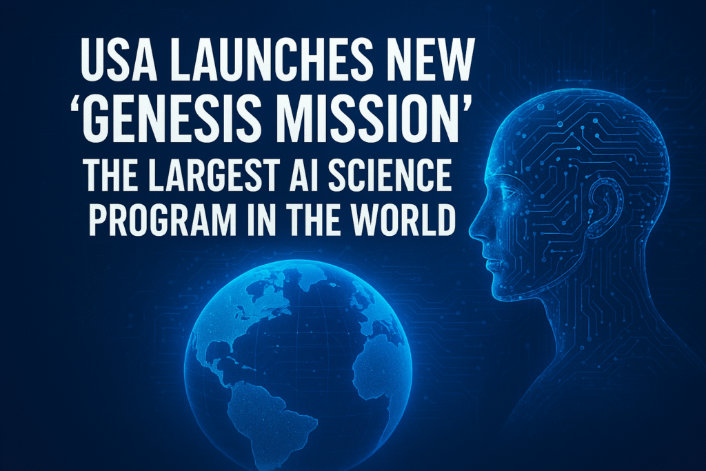 “AI human head with Earth graphic for Genesis Mission.”