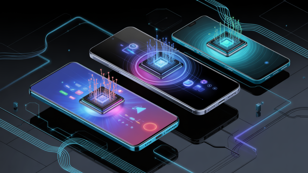 “3D futuristic image showing next-generation 2025 smartphones featuring advanced AI, powerful chipsets, and modern design.”