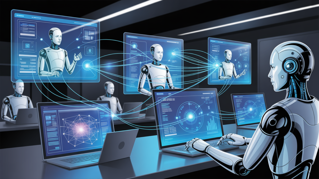 “AI Agents futuristic workspace 2025”