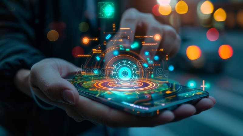 “AI-powered futuristic smartphone with holographic elements and digital circuits.”