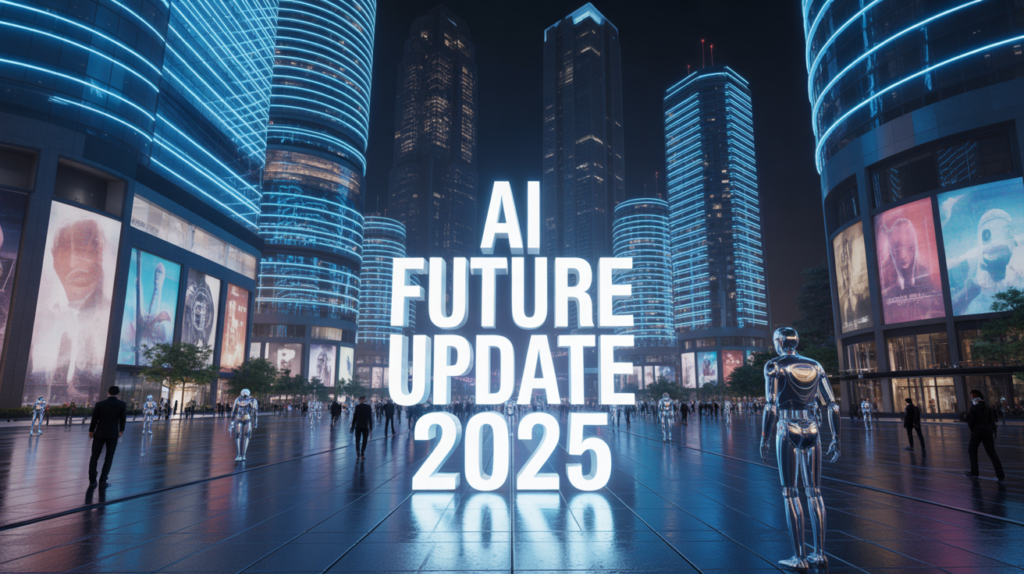“Futuristic AI-powered city showing robots and humans together, representing advanced artificial intelligence and future technology developments for 2025.”