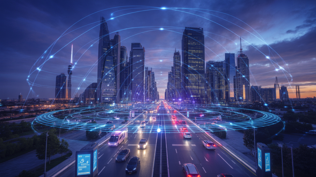 “Futuristic smart city with glowing neon lights showing 5G and 6G wireless network signals connecting buildings, holographic interfaces, and autonomous vehicles.”