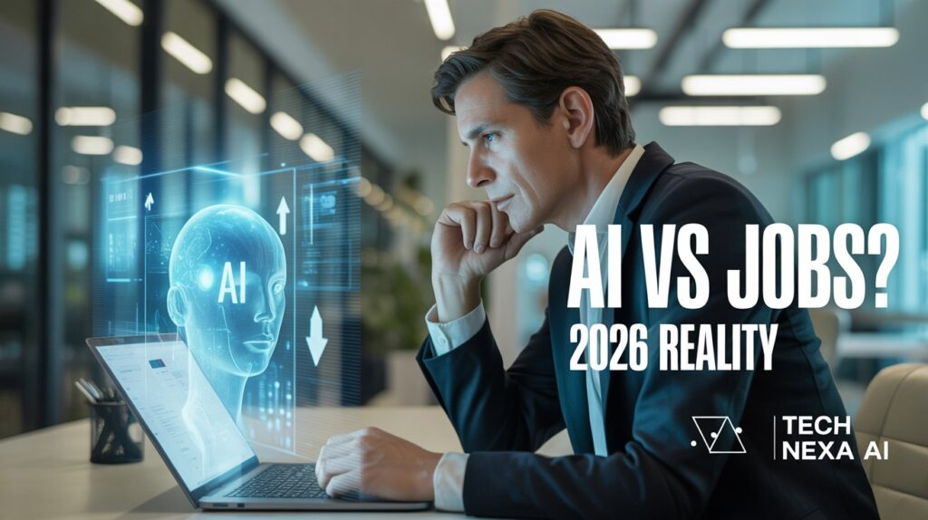 American professional working on laptop with AI hologram interface in modern office