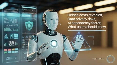 Futuristic AI robot analyzing holographic dashboards showing privacy risks and hidden costs of free AI tools in the U.S.