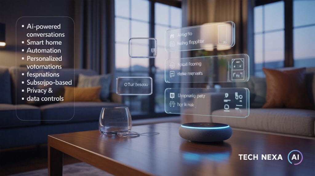 Amazon Alexa AI Update 2026 interface showing generative voice assistant features in a modern U.S. smart home living room with smart speaker and holographic controls