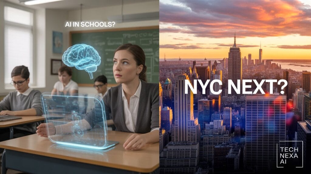 Artificial intelligence being used in a modern U.S. classroom with New York City skyline in background.