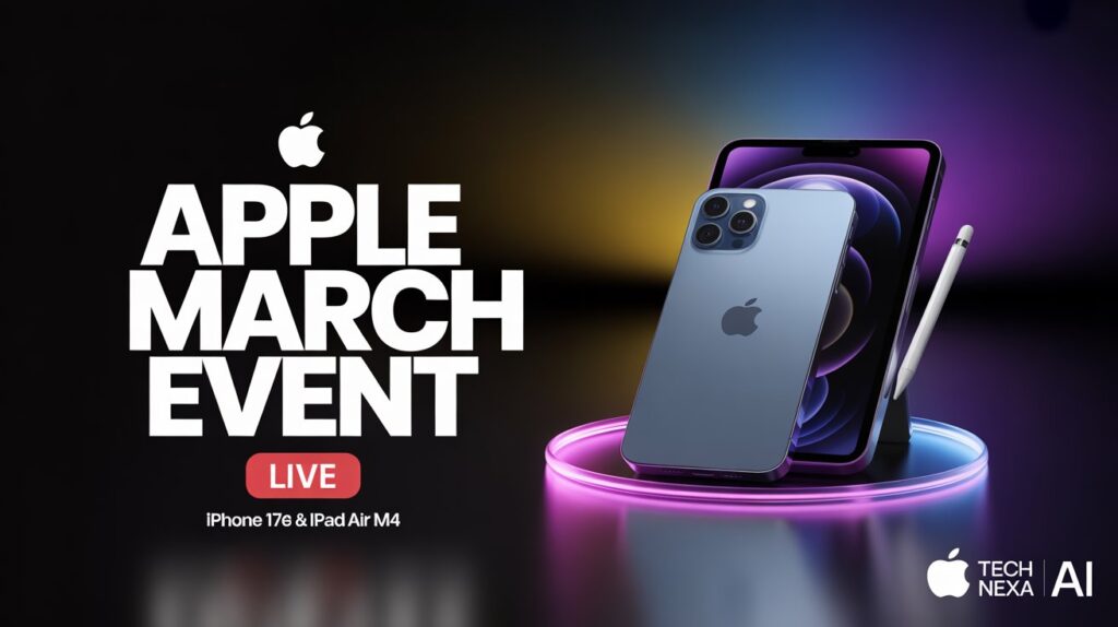Apple March Event promotional image featuring iPhone 17e, MacBook Neo, and iPad Air with a LIVE announcement banner.