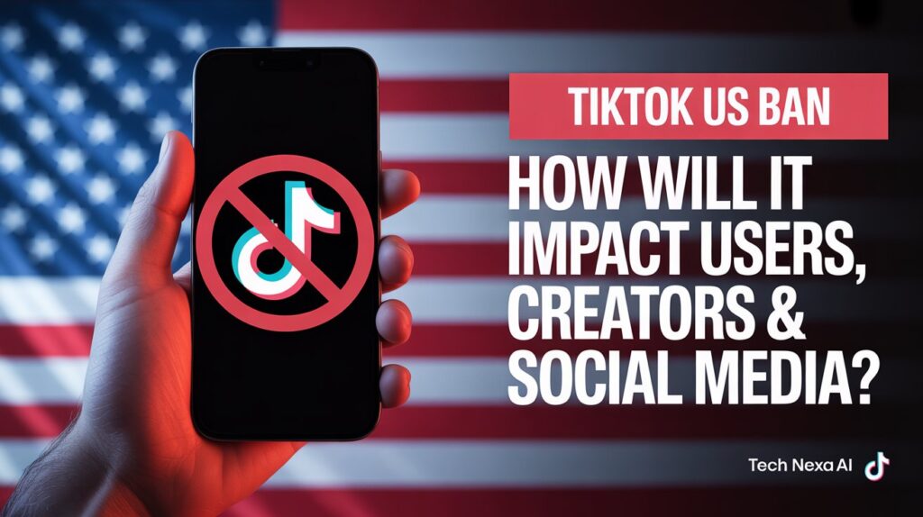 Smartphone displaying TikTok logo with a red ban symbol against a blurred American flag background representing new U.S. restrictions.