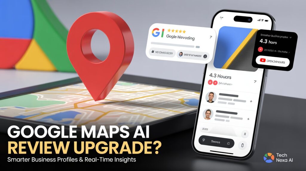 Google Maps Immersive Navigation interface showing AI-powered 3D route preview and enhanced business profile with ratings.
