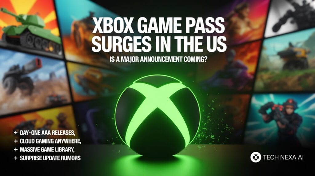 Xbox Game Pass logo with trending games background as subscription popularity surges in the United States.