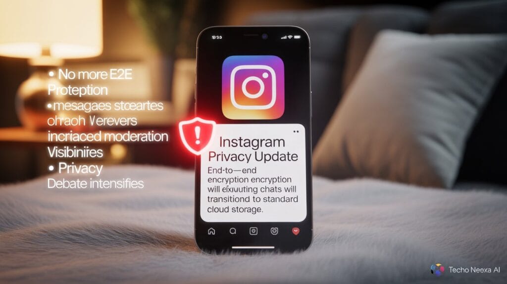 iPhone displaying Instagram security alert about end-to-end encryption removal starting May 8, 2026