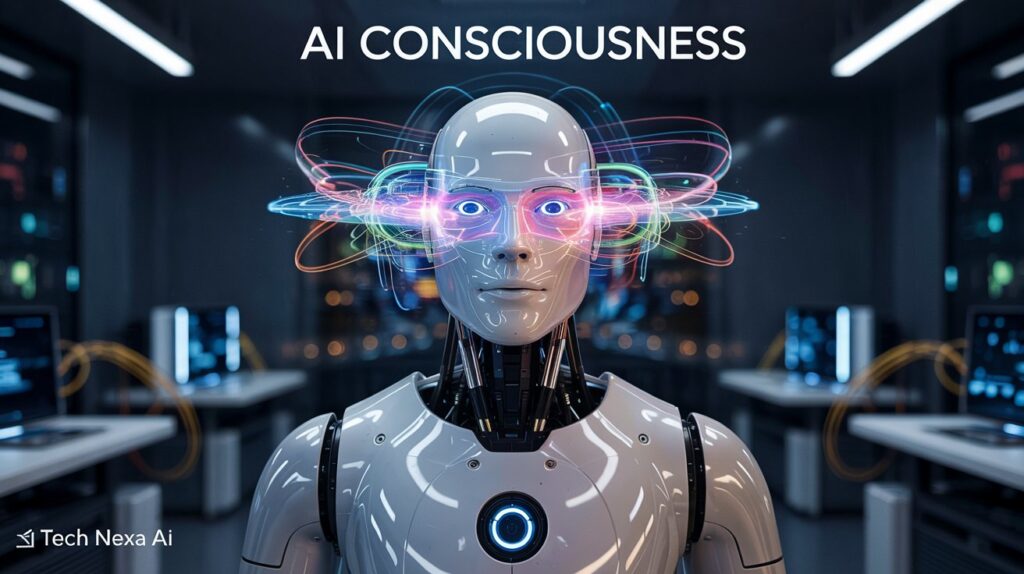 AI robot thinking about consciousness and artificial intelligence awareness concept