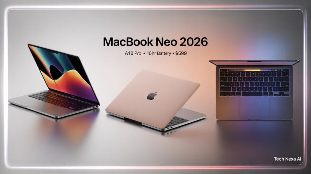 Apple MacBook Neo shown in four different angles including open display, side profile, keyboard view and closed design.