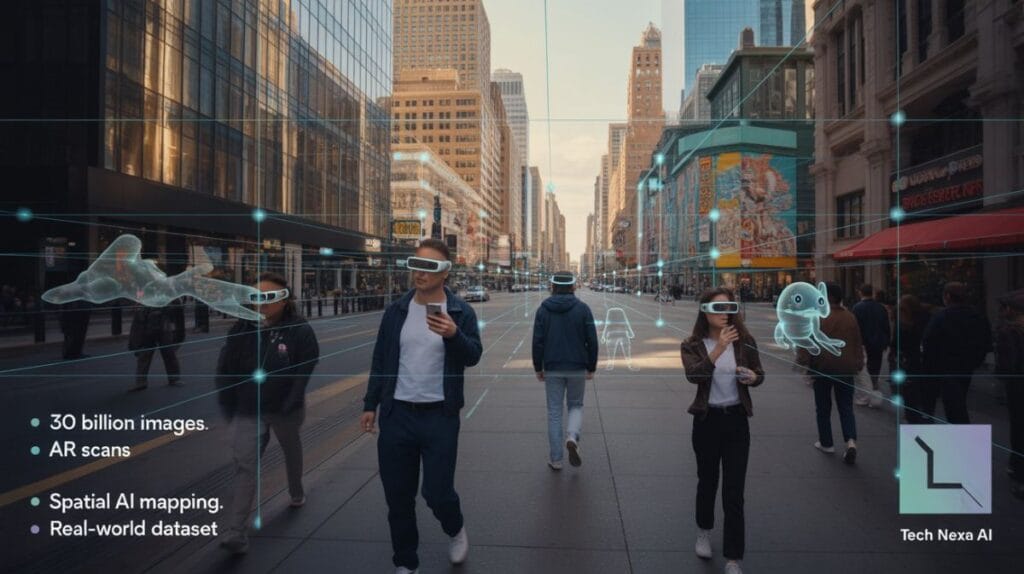 People in a U.S. downtown area using AR glasses and smartphones as holographic digital overlays map buildings, representing spatial AI data collection.