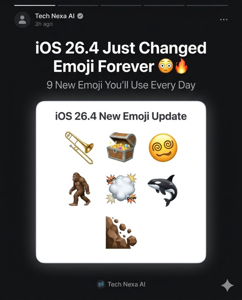 iOS 26.4 new emoji update showing trombone, treasure chest, distorted face, hairy creature, fight cloud, orca, and landslide in a dark tech-style post layout.