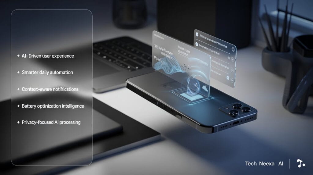 iPhone 18 Pro Max futuristic AI interface showing smart notifications, generative AI features, and advanced on-device intelligence in a modern U.S. environment